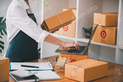 Preview: Small start-up business owners checking parcels at work, freelancers, salespeople, checking producti
