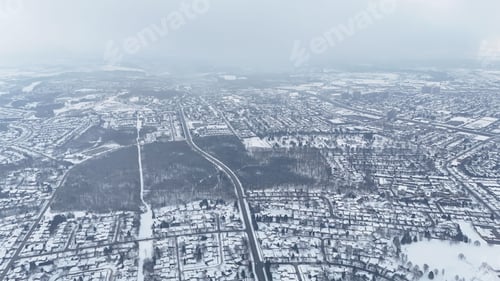 Preview: Aerial view of Kitchener, Ontario, covered in snow during winter