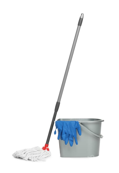 Preview: String mop, gloves and bucket isolated on white. Cleaning equipment