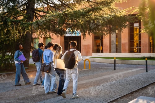Preview: Diverse students walking towards university building on campus