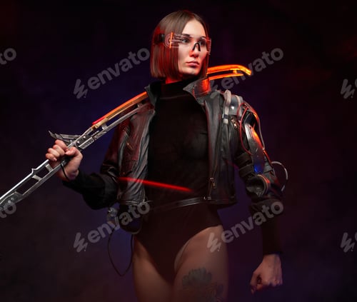 Preview: Sexy female person with sword on her shoulder posing in studio