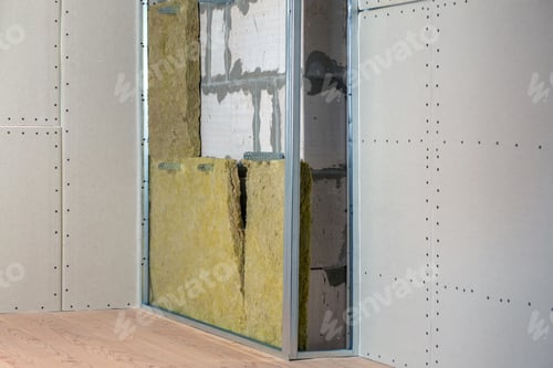 Preview: Wall of a room under renovation with mineral rock wool insulation and metal frame prepared for