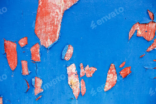Preview: Old blue paint peeling from red concrete wall texture background.