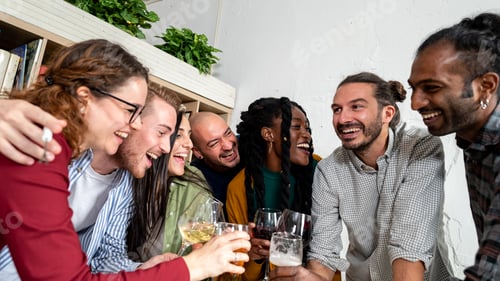 Preview: Happy friends drinking, celebrating event at restaurant, multiracial people having fun together
