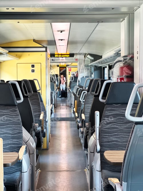 Preview: People Traveling by Modern Train With Soft Green Comfortable Seats