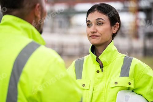 Preview: Engineer worker in protective uniform talking with colleagues at construction site