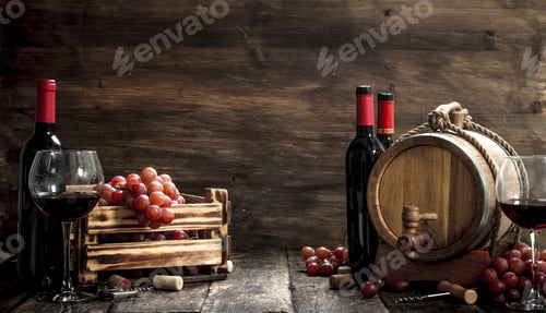 Preview: Wine background. A barrel with red wine and freshly grapes.