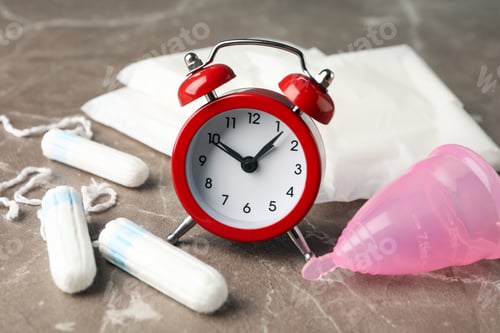 Preview: Menstruation period accessories on grey background, close up
