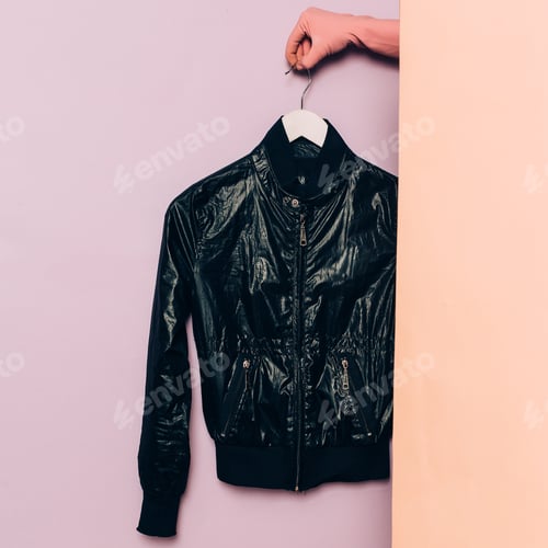 Preview: Stylish clothes. Spring season. Black jacket trend wardrobe idea