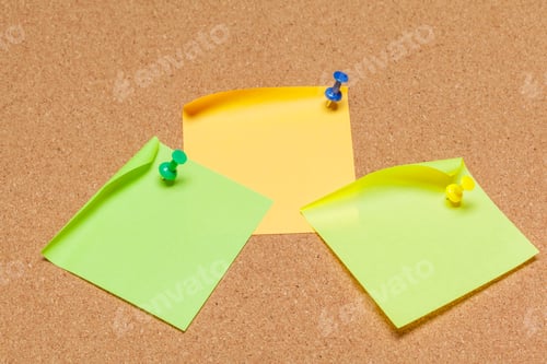 Preview: Sticky note pinned on cork board with thumbtacks