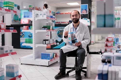 Preview: Smiling pharmacist standing on chair in pharmacy holding medical flyer