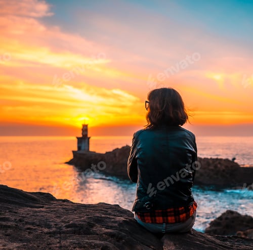 Preview: A young woman sitting on some rocks with a leather jacket in the orange sunset