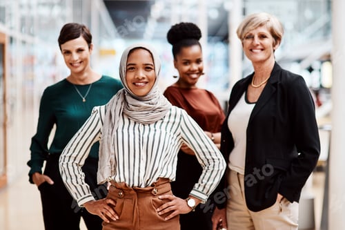 Preview: Portrait of a young businesswoman standing in an office with her colleagues in the background