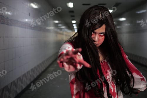 Preview: Scary woman in white dress with bloodstain after murder, Halloween concept