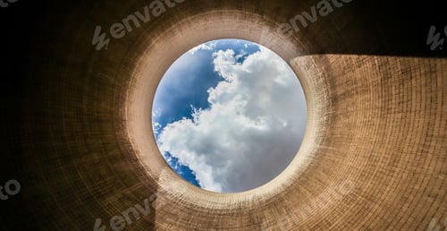 Preview: Low angle shot of a coal burning power cooling tower under the sky