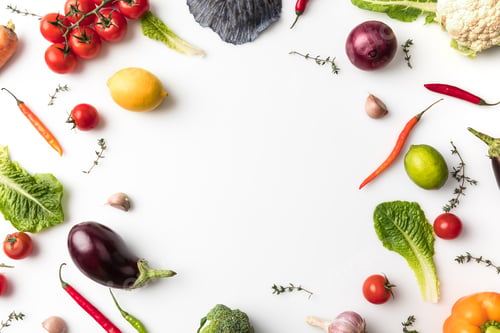 Preview: Top view of circle of different vegetables isolated on white