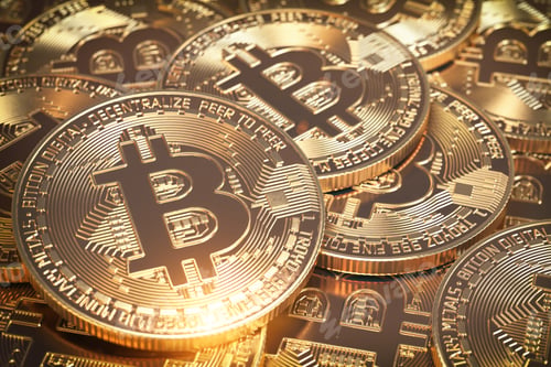 Preview: Bitcoins hepa. Golden virtual currency coins background..