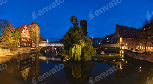 Preview: Nuremberg city houses on riverside of Pegnitz river. Nuremberg, Franconia, Bavaria, Germany