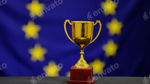 Preview: Trophy on european union flag background. Victory concept