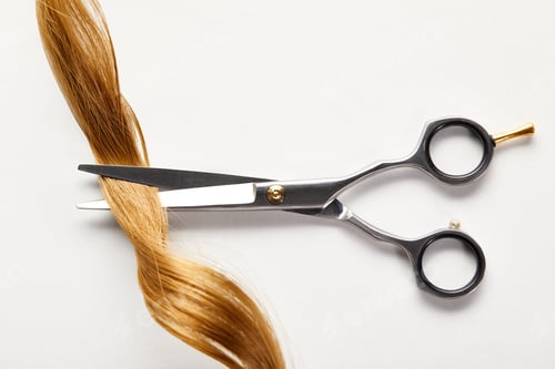 Preview: Top view of curl of brown hair and scissors on white background