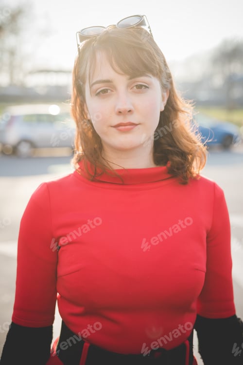 Preview: young beautiful red dressed vintage hipster woman