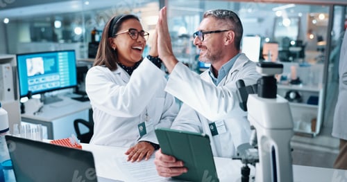 Preview: High five, science and tablet with people in laboratory together for breakthrough or development. L