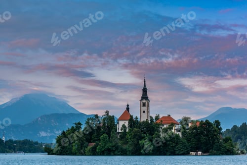 Preview: Romantic Bled Lake with Church on Island in Slovenia at Sunset