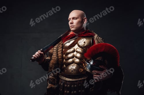 Preview: Serious roman soldier weared in fur and bronze armor