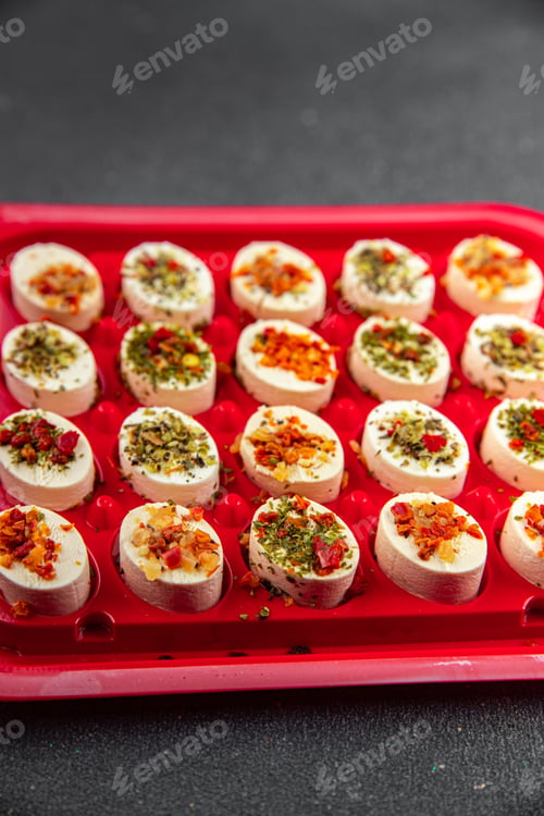 Preview: cheese appetizer soft cheese with herbs and tomatoes pieces fresh tasty food dish delicious gourmet