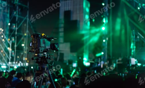 Preview: Video camera starting record concert live streaming show in the tv on the front stage lights with cr