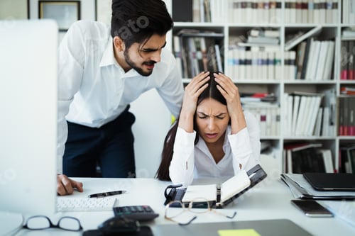 Preview: Angry irritated boss reprimanding employee afraid to be fired, bad work