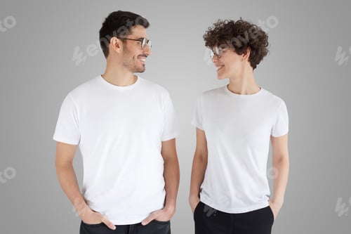 Preview: Smiling couple in white t-shirts looking at each other, isolated on gray background