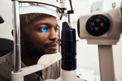 Preview: Shot of a young man getting his eyes examined with a slit lamp