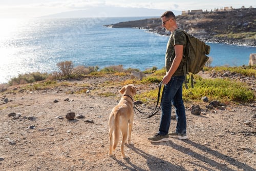 Preview: A traveler wears his backpack and keeps his dog on a leash near the sea