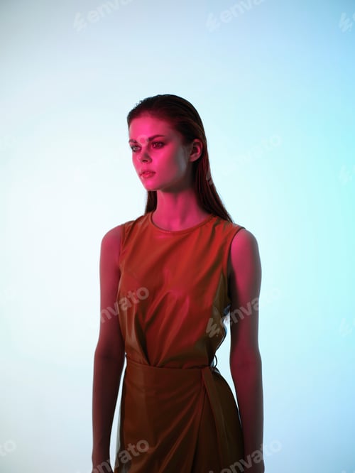 Preview: attractive woman in leather dress posing luxury model isolated background