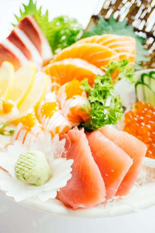 Preview: Raw and fresh mixed sashimi with salmon , tuna , hamaji and othe