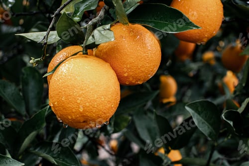 Preview: Closeup of wet oranges on the thick tree