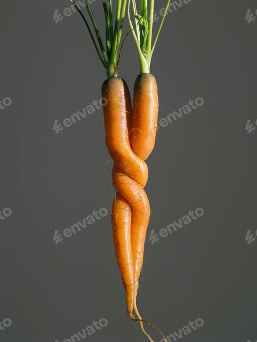 Preview: Pair of fresh strangled carrots close up