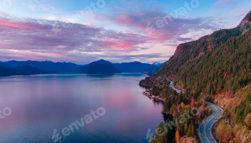 Preview: Sea to Sky Highway on West Coast of Pacific Ocean. Cloudy Sunset Sky.