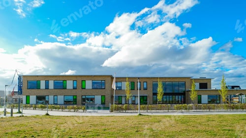 Preview: Dutch Suburban area with modern school, newly build modernschool in the Netherlands