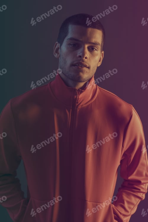 Preview: Studio close-up portrait of attractive male model. Color flash studio light