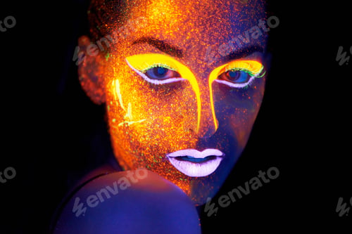 Preview: Portrait, beauty and fantasy with neon woman on black background for makeup, glitter or colorful gl