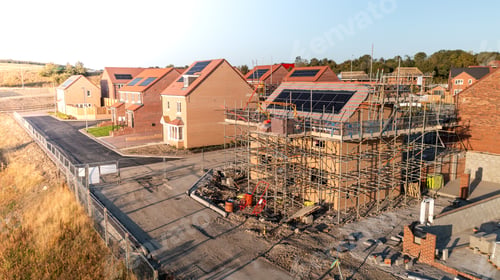 Preview: Aerial view of eco friendly and energy efficient homes under construction