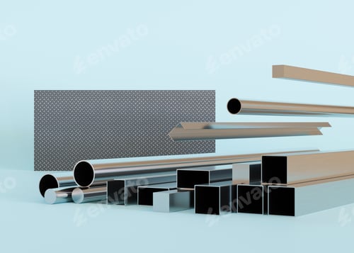 Preview: Metal products on blue background. Stainless steel profiles and tubes. Profiles in different design