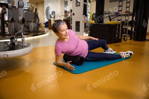 Preview: Middle aged woman wearing sportswear doing sport exercise on fitness mat in gym