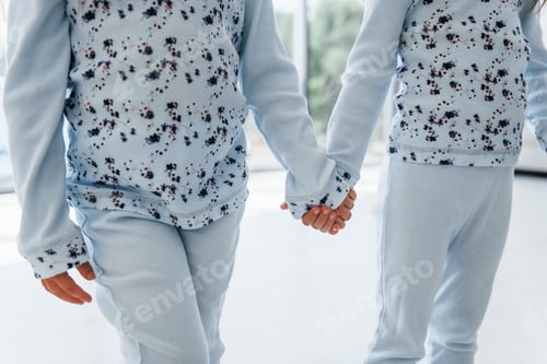 Preview: Holding each other's hand. Two cute little girls indoors at home together. Children having fun