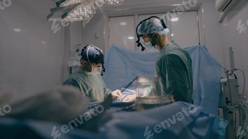 Preview: Team of two doctors men surgeons processing surgical operation using endoscopic medical instruments