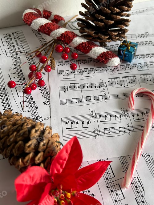 Preview: Sheet music with pinecones poinsettia and candy cane background