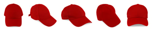 Preview: Red cap isolated on white, collage. Different sides. Mockup for design