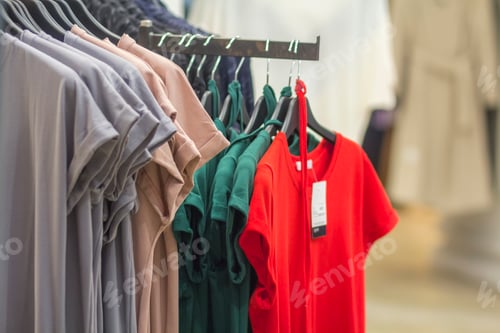Preview: Row of colorful new modern unisex cotton t-shirts with price tags hanging